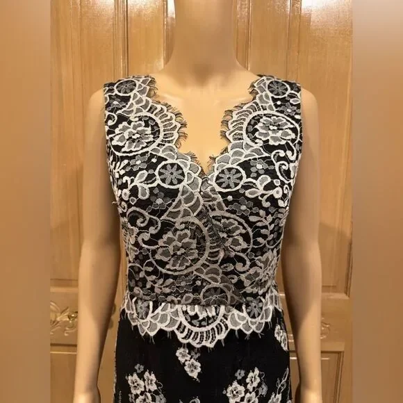 Erin Fetherston Blk Wht Sleeveless Floral Lace Cocktail V-Neck Dress Sz 4 Erin Fetherston Blk Wht Sleeveless Floral Lace Cocktail V-Neck Dress Sz 4